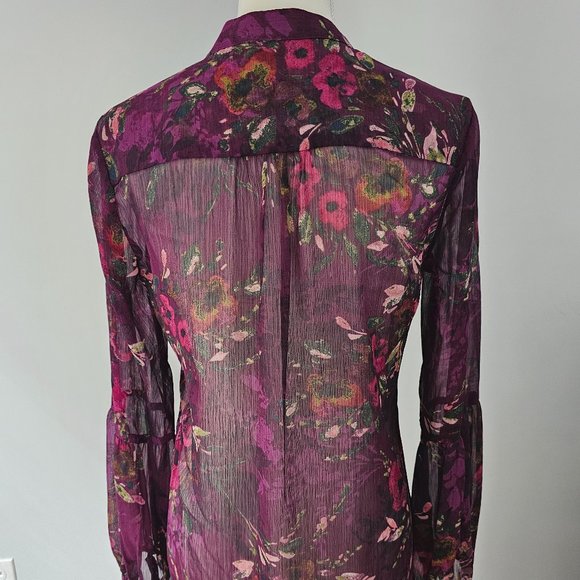 KUT from the KLOTH purple BLOUSE top FLORAL l/s SHEER hi-low BUTTONS - Picture 4 of 12